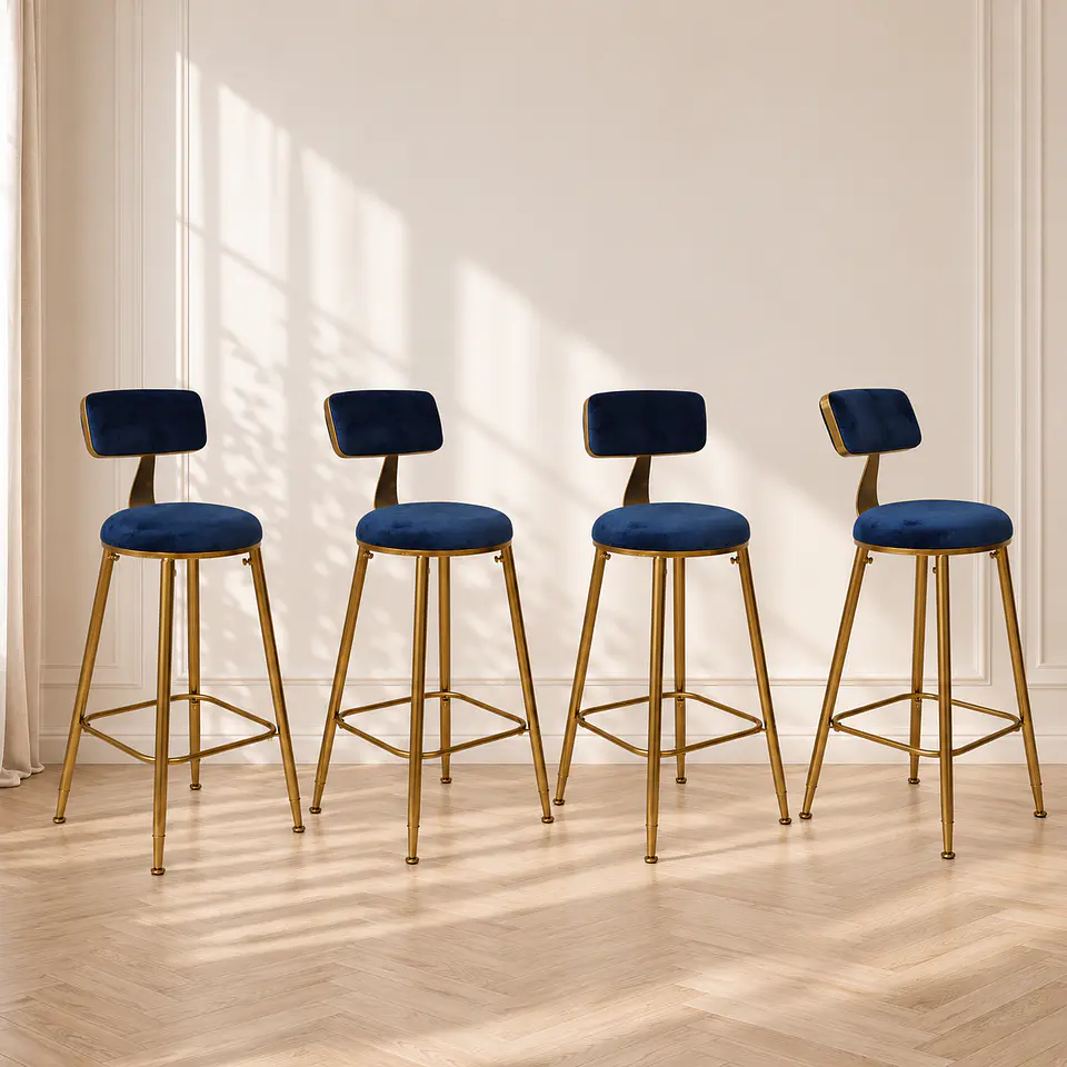 Set 4 Taburete Bar Chic Velvet Gold Azul- cocina  1