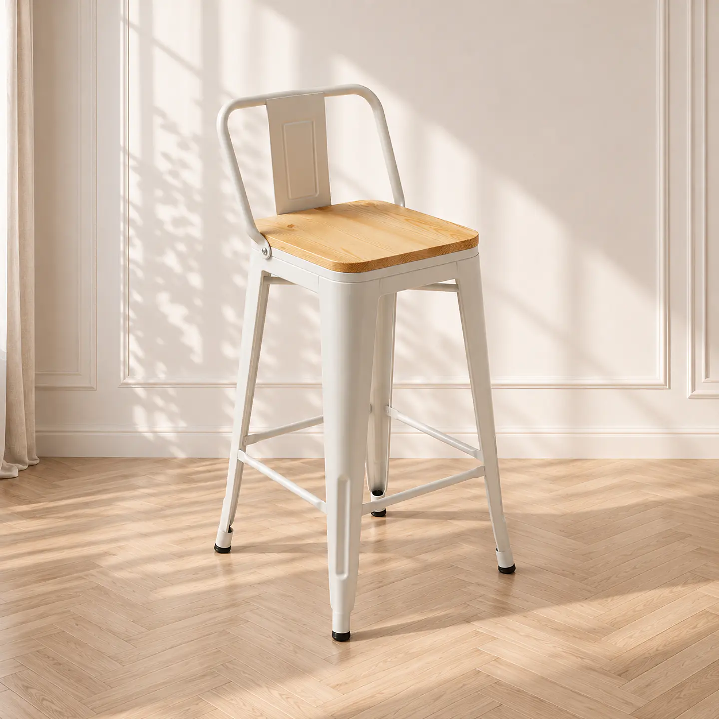 Taburete Bar Tolix metal Blanco con Madera clara - cocina restaurant terraza eventos 1