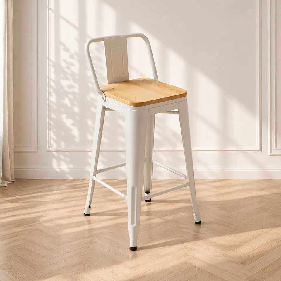 Taburete Bar Tolix metal Blanco con Madera clara - cocina restaurant terraza eventos 1