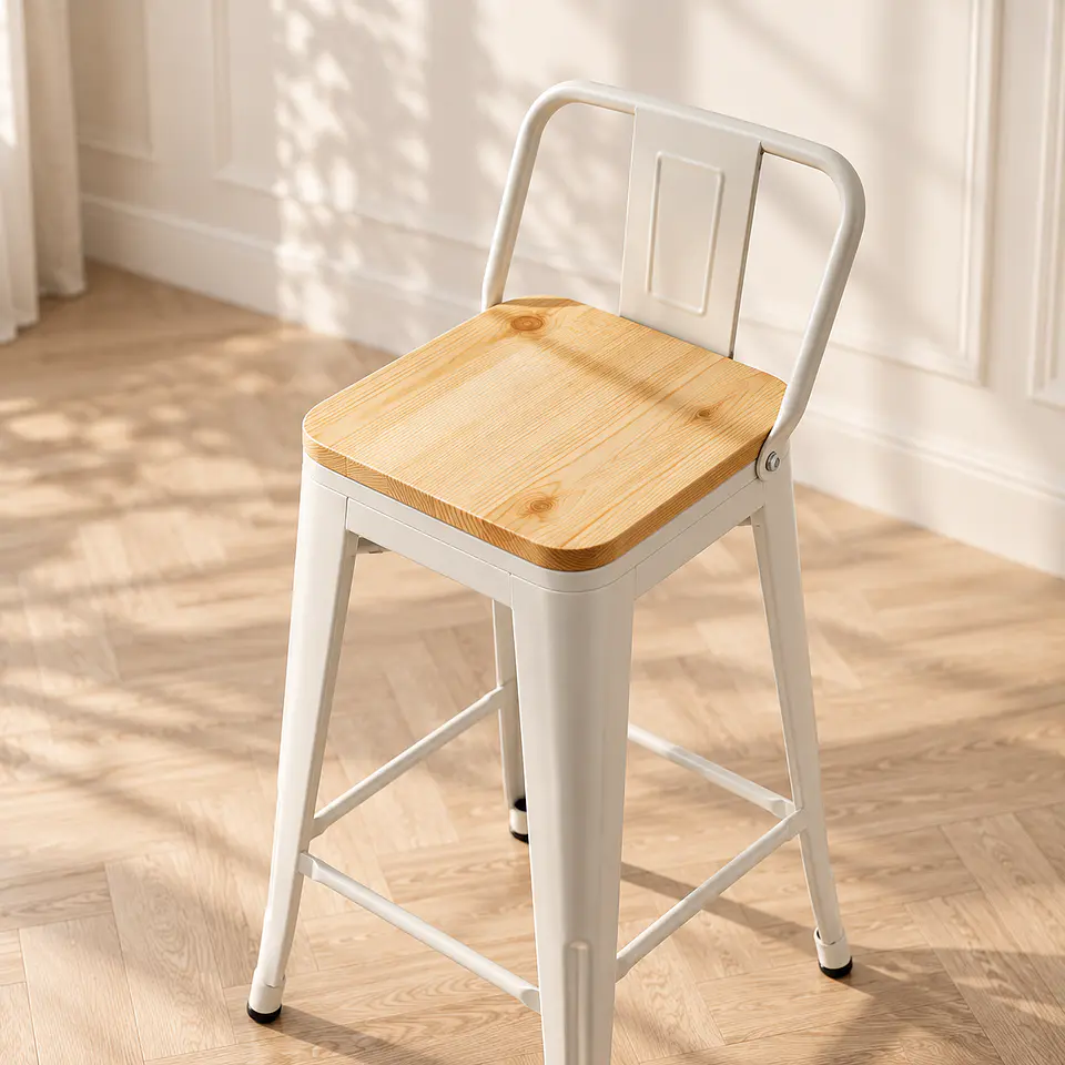 Taburete Bar Tolix metal Blanco con Madera clara - cocina restaurant terraza eventos 5