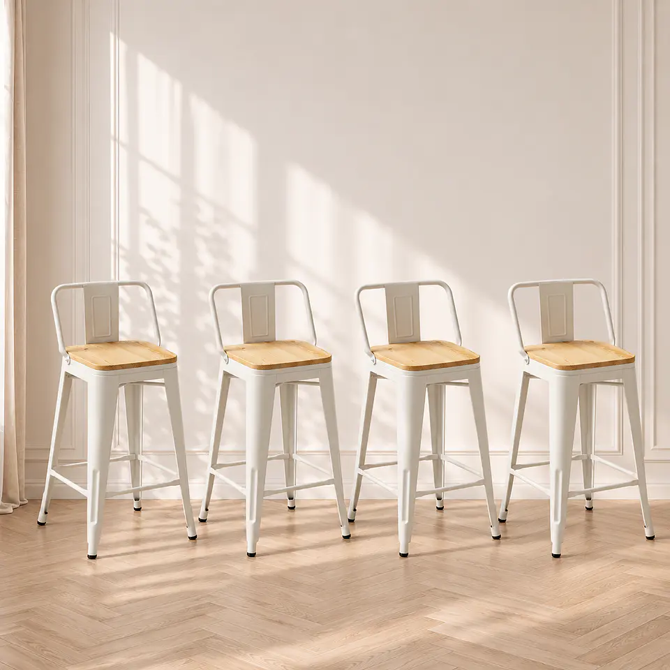 Set 4 Taburete Bar Tolix metal Blanco con Madera clara - cocina restaurant terraza eventos 1