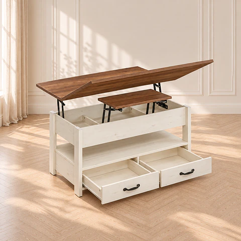 Mesa de Centro Blanca Elevable MDF Metal - Living Oficina Departamento