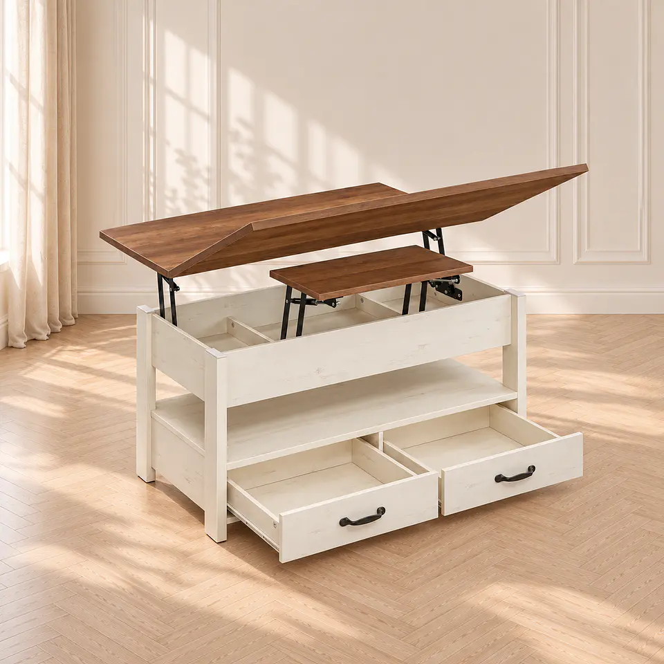 Mesa de Centro Blanca Elevable MDF Metal - Living Oficina Departamento 1