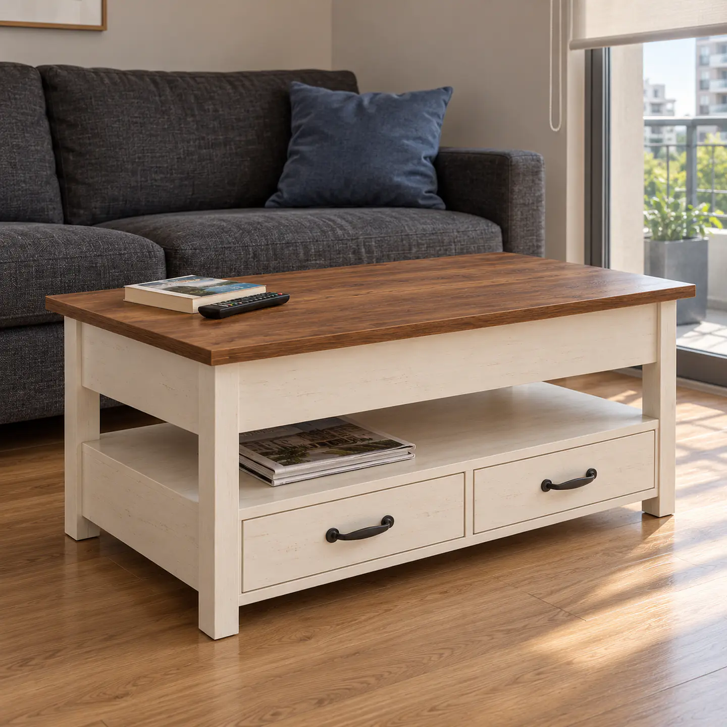 Mesa de Centro Blanca Elevable MDF Metal - Living Oficina Departamento 6