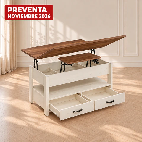 Mesa de Centro Blanca Elevable MDF Metal - Living Oficina Departamento