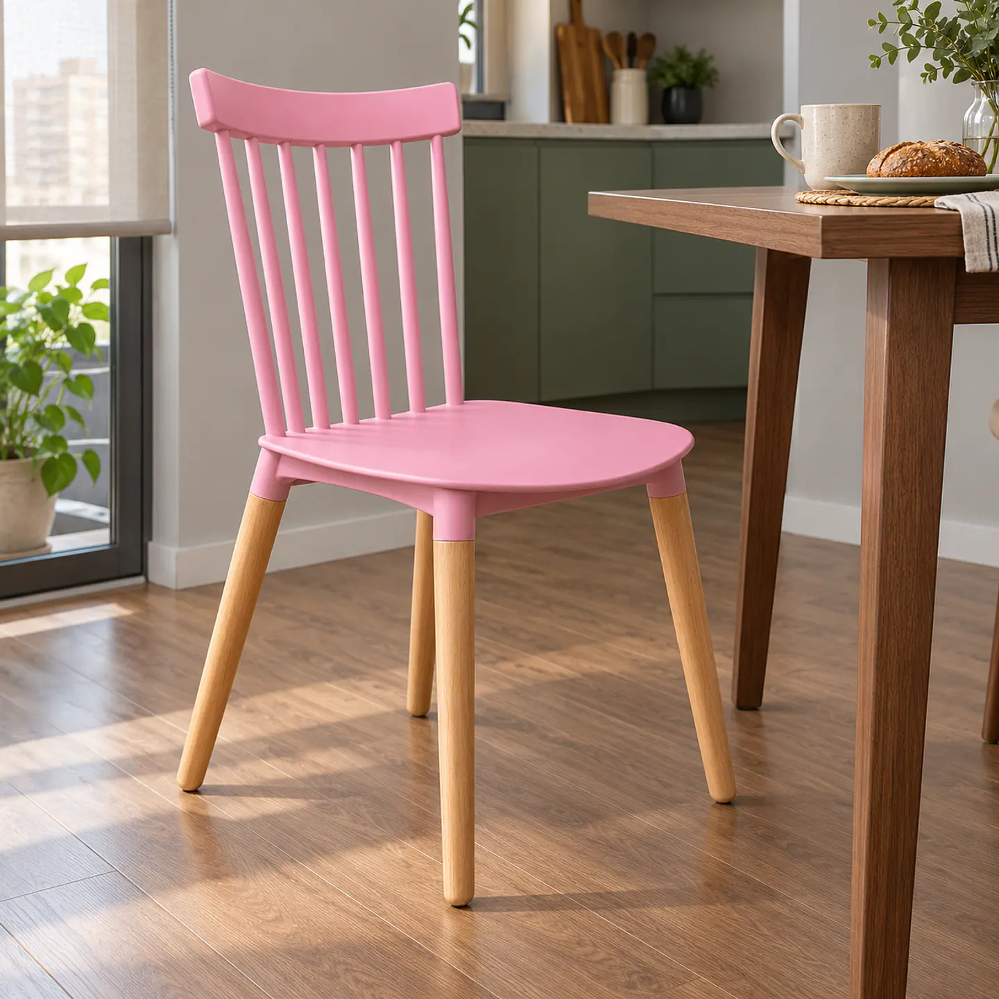 Silla Windsor Polipropileno Rosa Madera Natural - Comedor Cocina Cafetería 2