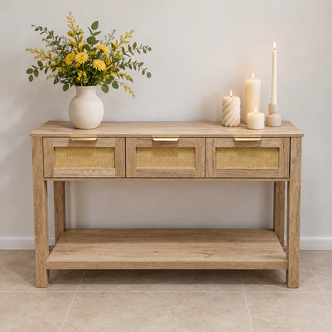 Mueble Recibidor Arrimo Ratán Arezzo de MDF con Cajones Tejidos – Marrón Claro-PREVENTA