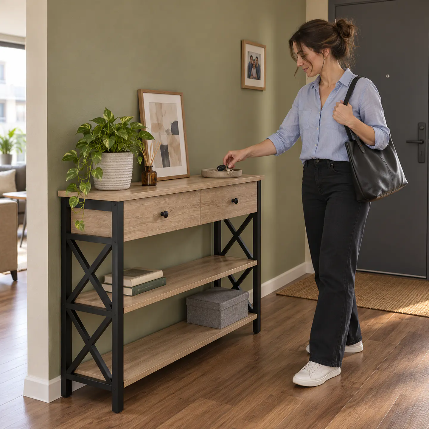 Arrimo MDF Melamina Metal con 2 Cajones - Living Recibidor Pasillo 3
