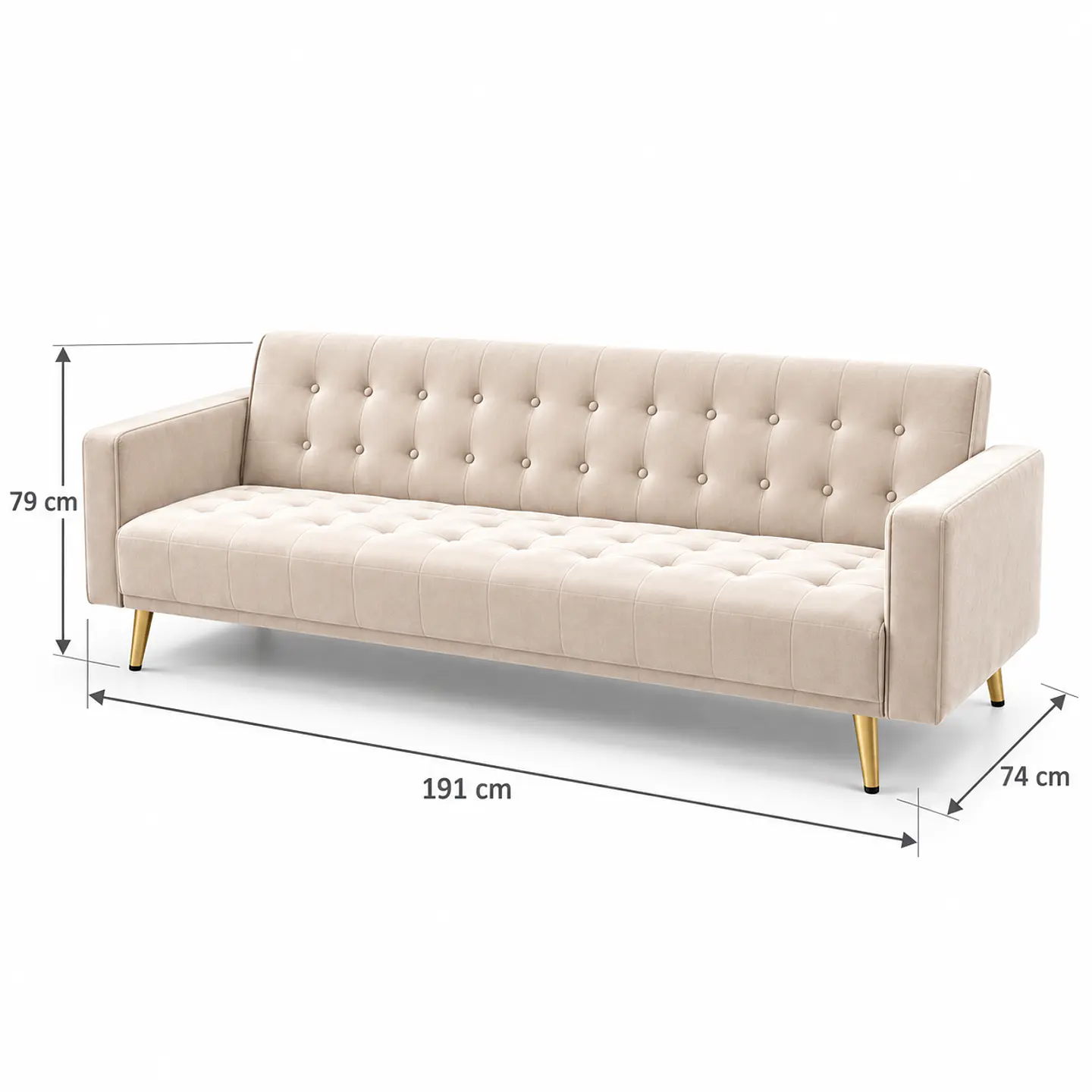 Sofá Cama Treno Cami Velvet Beige Patas Gold - Living Departamento Sala de Estar 4
