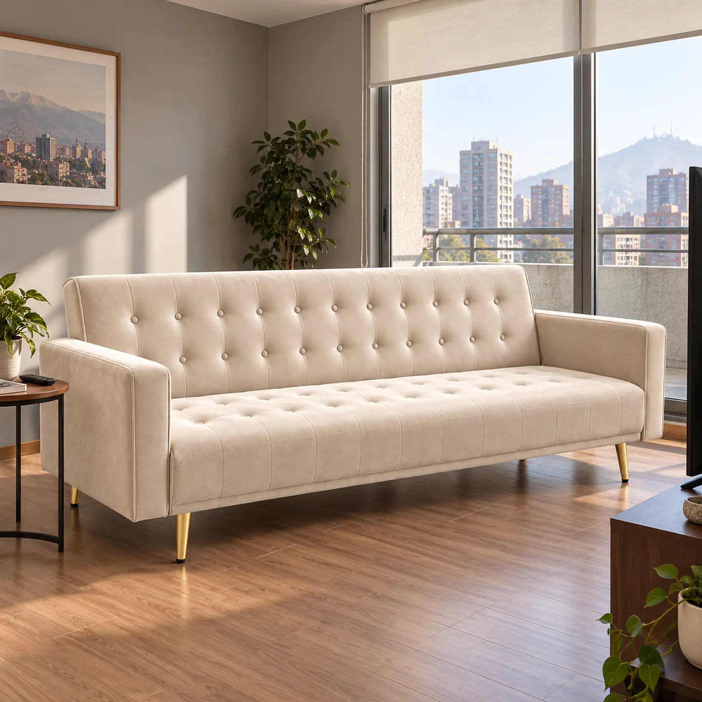 Sofá Cama Treno Cami Velvet Beige Patas Gold - Living Departamento Sala de Estar 6