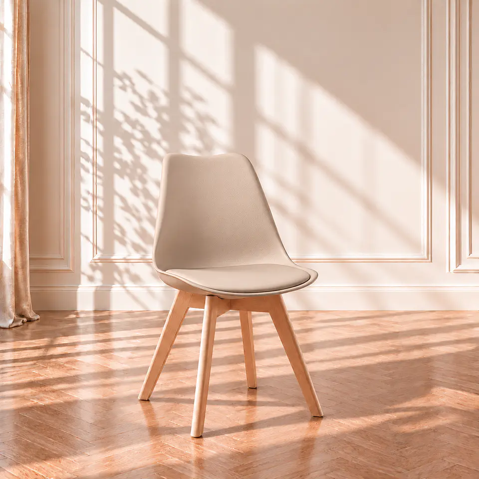 Sillas Tulip con Cojin BEIGE y Patas de Madera 1