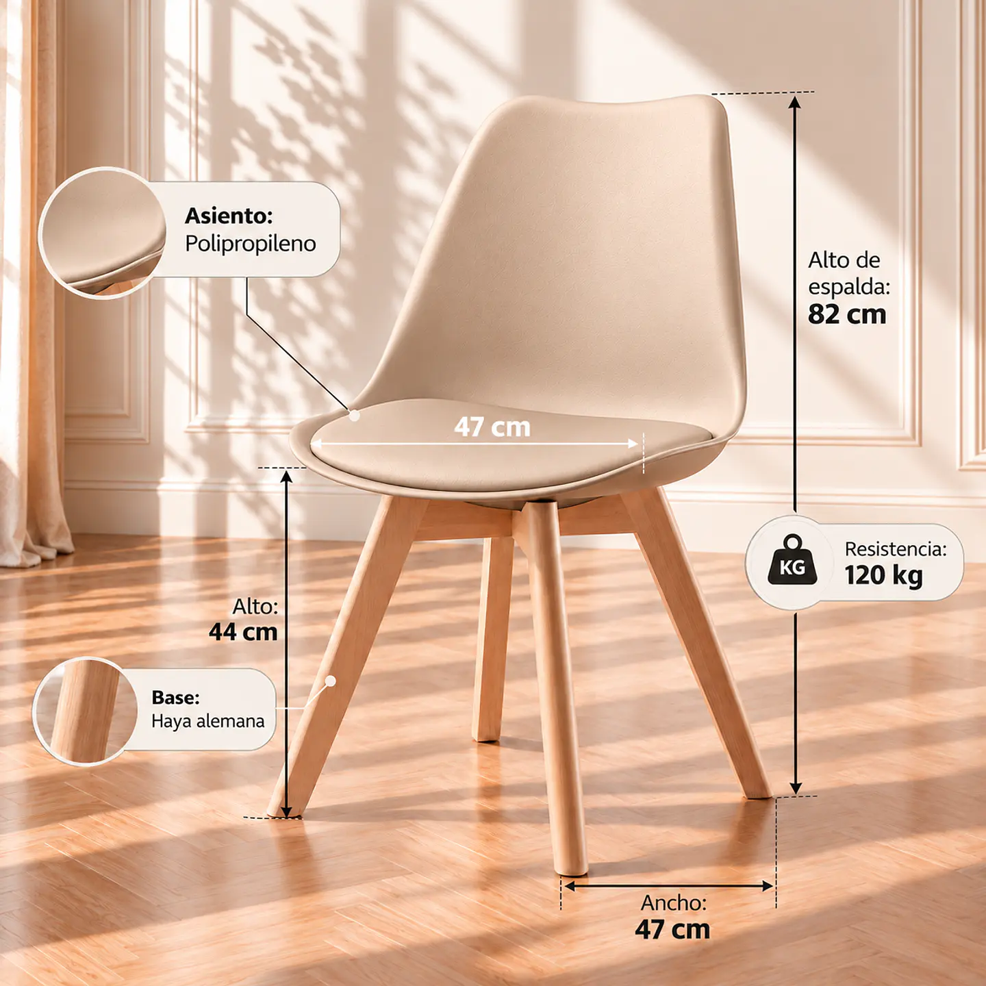 Sillas Tulip con Cojin BEIGE y Patas de Madera 3
