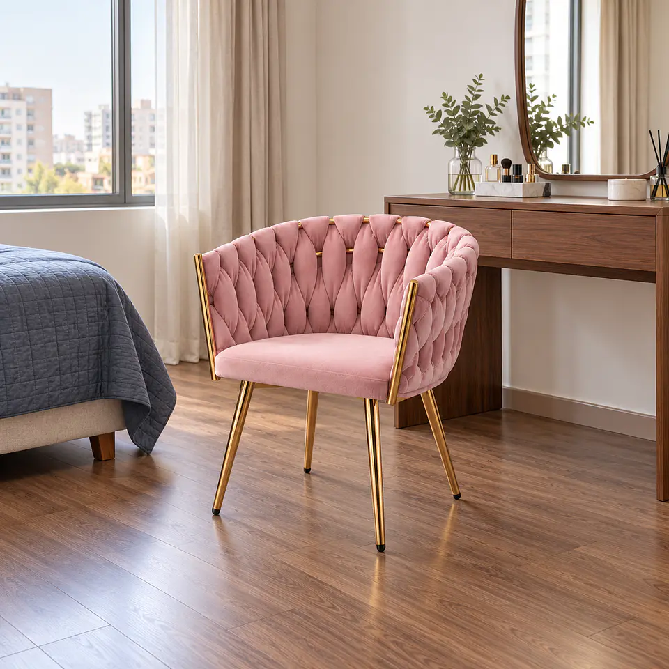 Sitial Queen Velvet Trenzado Rosa Gold - Living Dormitorio Recepción 2