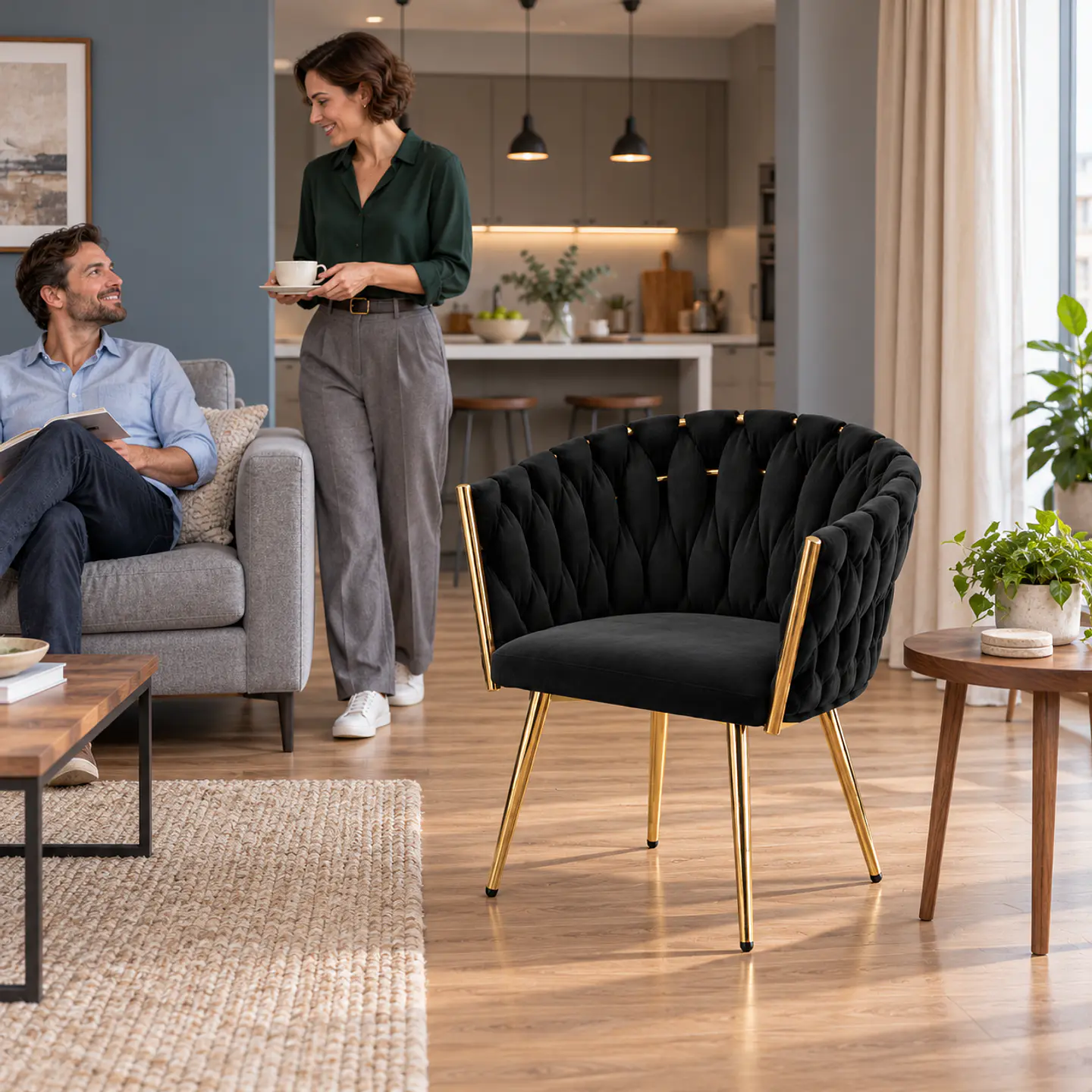 Sitial Queen Velvet Trenzado Negro Gold - Living Dormitorio Recepción 4