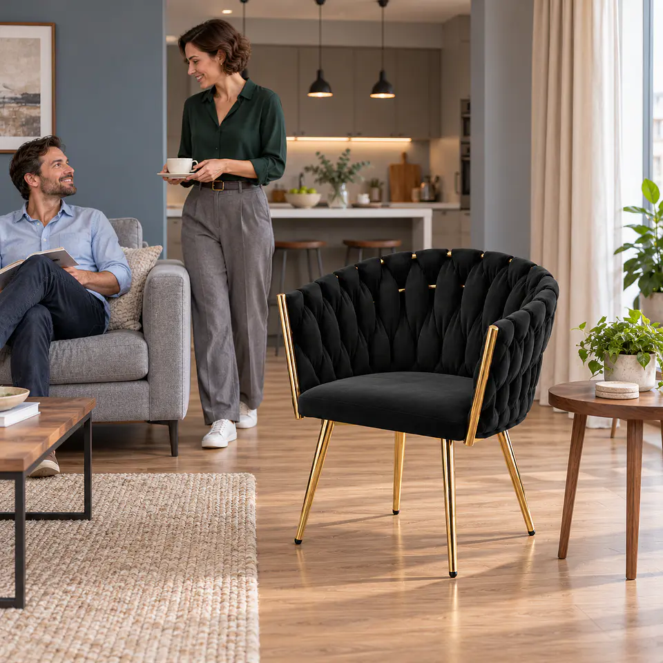 Sitial Queen Velvet Trenzado Negro Gold - Living Dormitorio Recepción 4