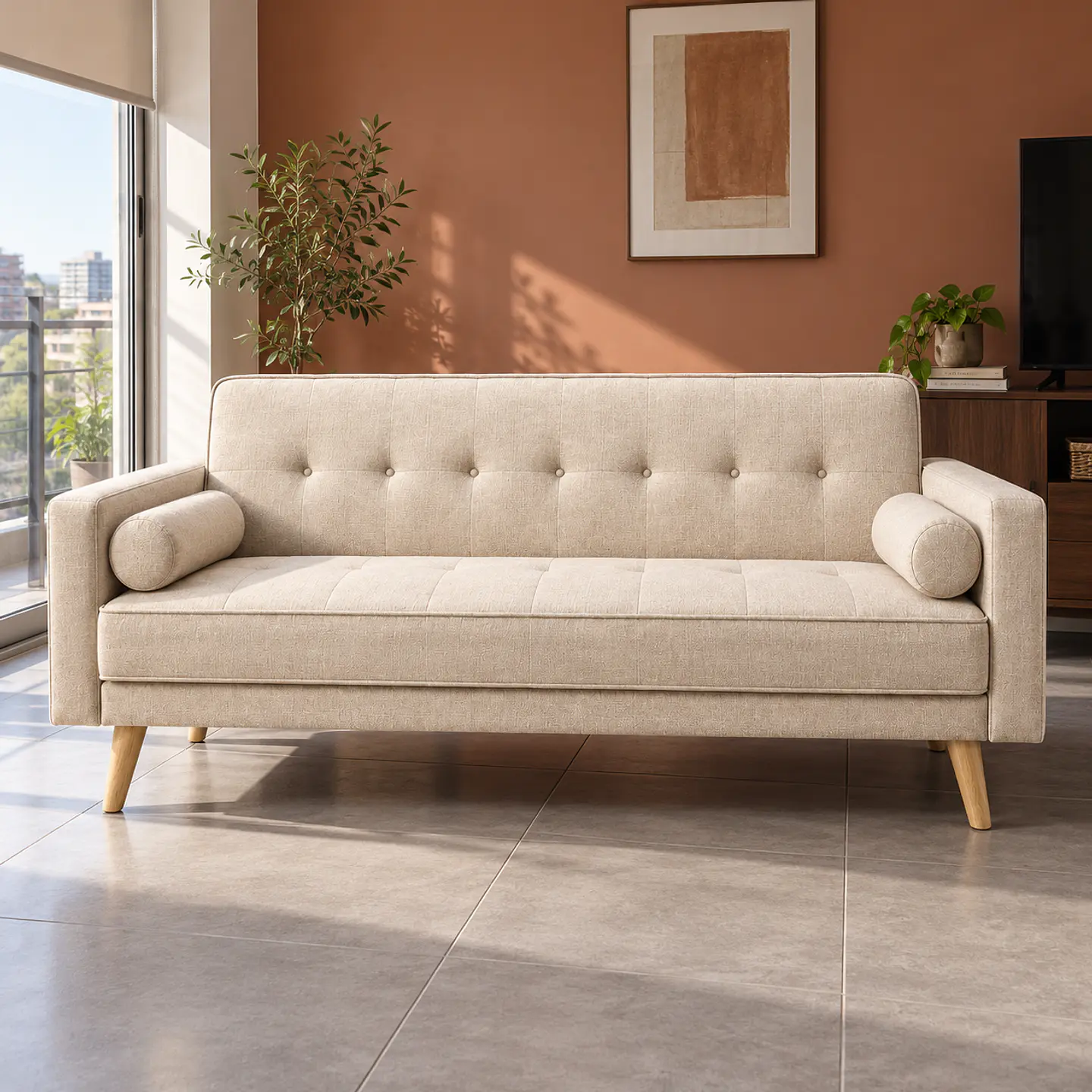 Sofá Cama Milán Capitoné Lino Beige- Living Departamento Sala de Estar 2