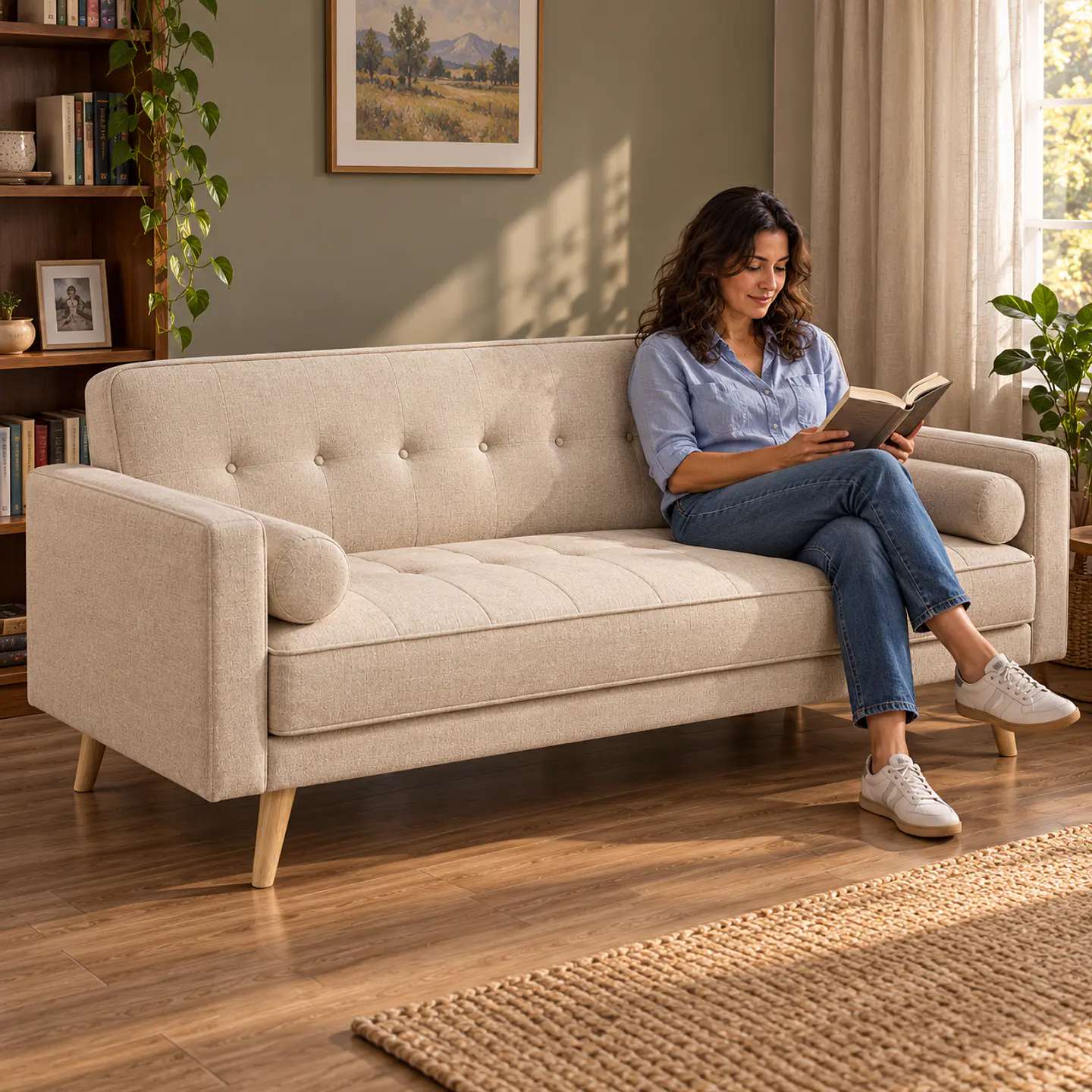 Sofá Cama Milán Capitoné Lino Beige- Living Departamento Sala de Estar 5