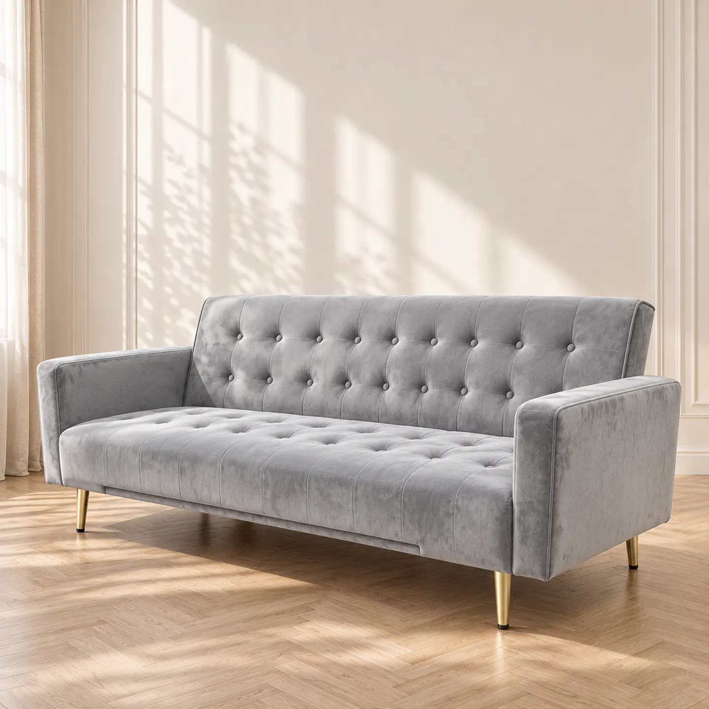 Sofá Cama Capitone Trento Velvet Gris Patas Gold - Living Departamento Sala de Estar 1