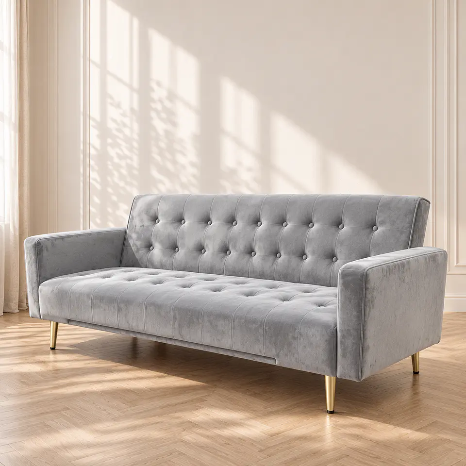 Sofá Cama Capitone Trento Velvet Gris Patas Gold - Living Departamento Sala de Estar 1