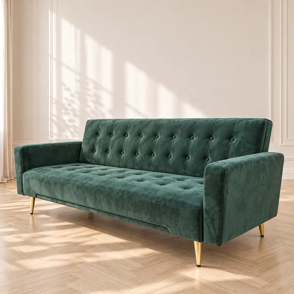 Sofá Cama Capitone Trento Velvet Verde Patas Gold - Living Departamento Sala de Estar 1