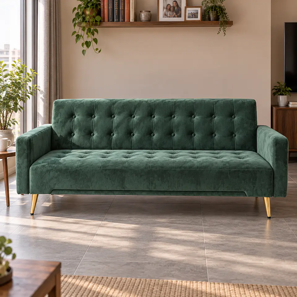 Sofá Cama Capitone Trento Velvet Verde Patas Gold - Living Departamento Sala de Estar 4