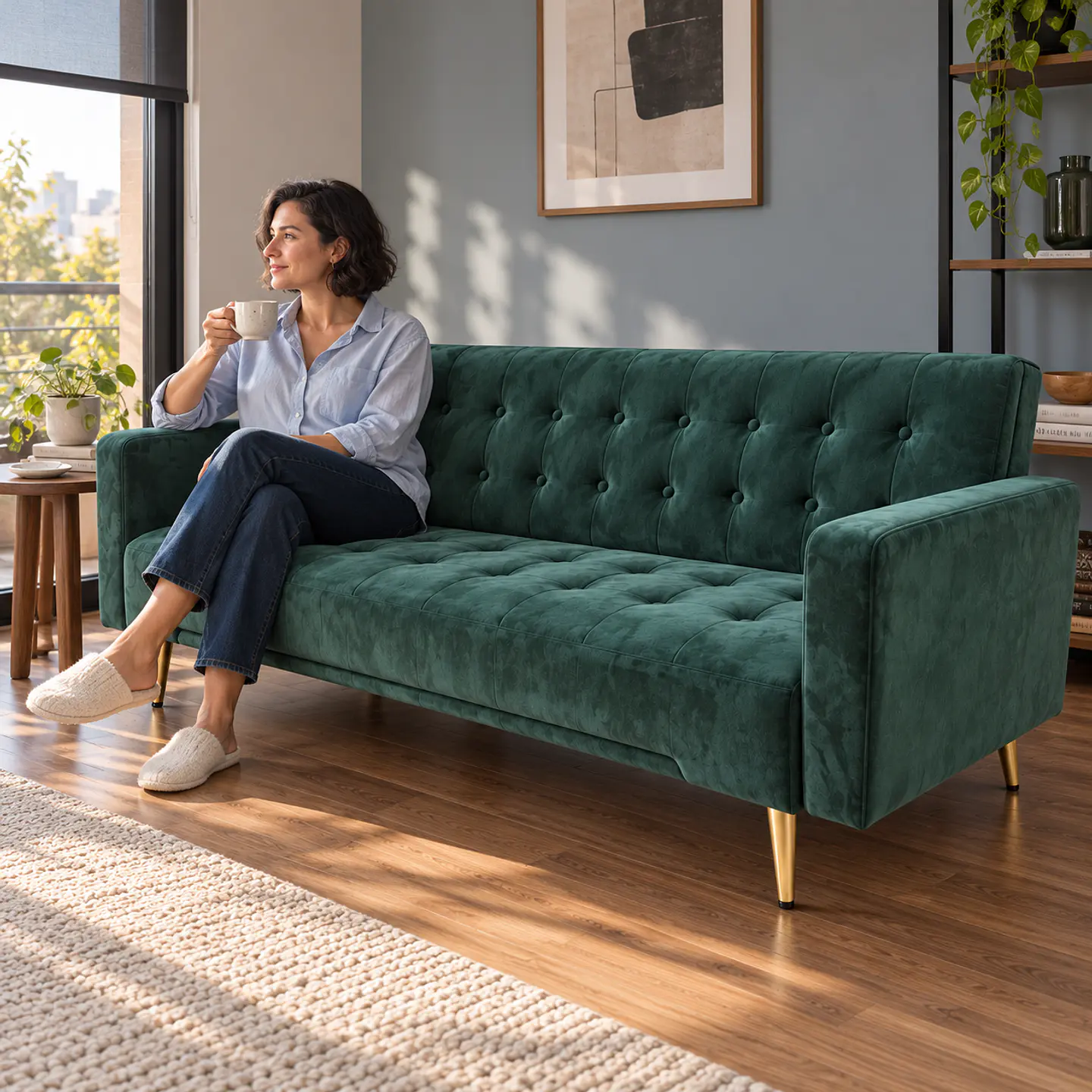 Sofá Cama Capitone Trento Velvet Verde Patas Gold - Living Departamento Sala de Estar 6