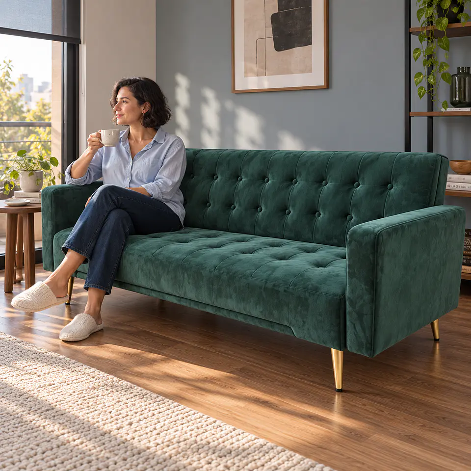 Sofá Cama Capitone Trento Velvet Verde Patas Gold - Living Departamento Sala de Estar 6