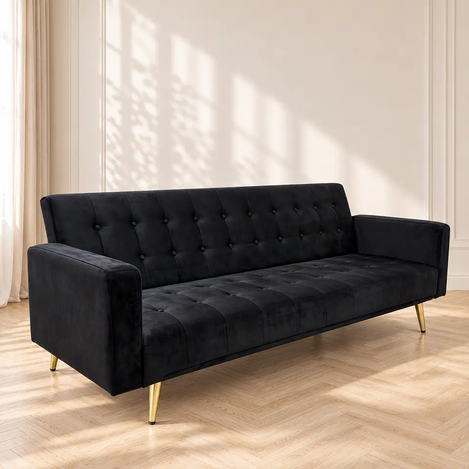 Sofá Cama Capitone Trento Velvet Negro Patas Gold - Living Departamento Sala de Estar 1