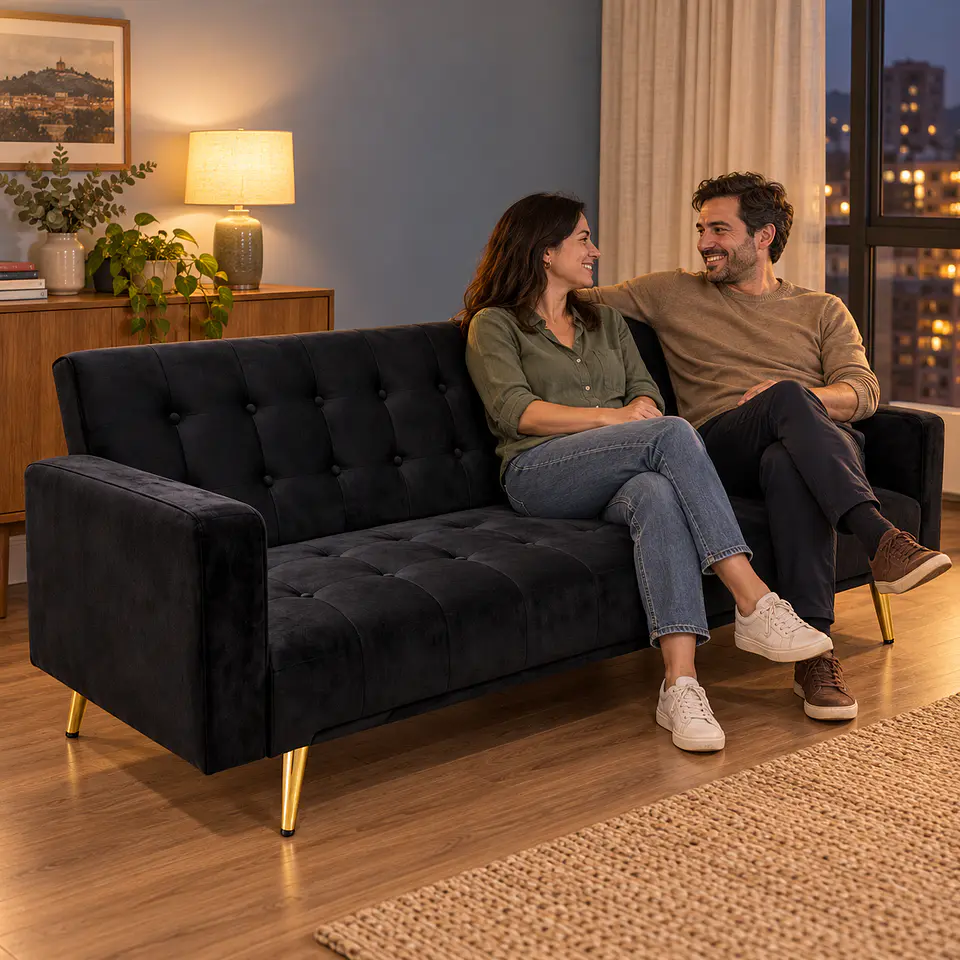 Sofá Cama Capitone Trento Velvet Negro Patas Gold - Living Departamento Sala de Estar 3