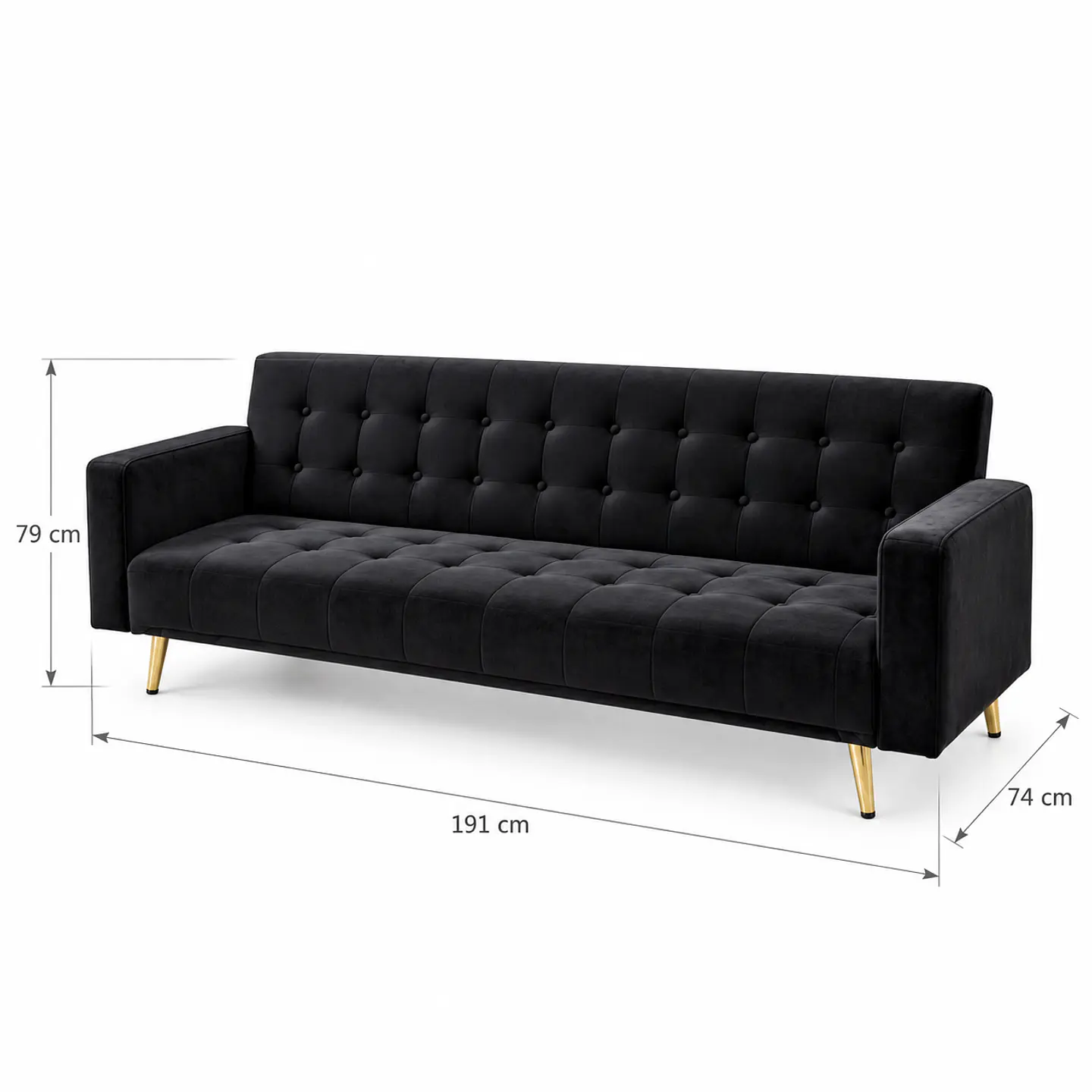 Sofá Cama Capitone Trento Velvet Negro Patas Gold - Living Departamento Sala de Estar 4