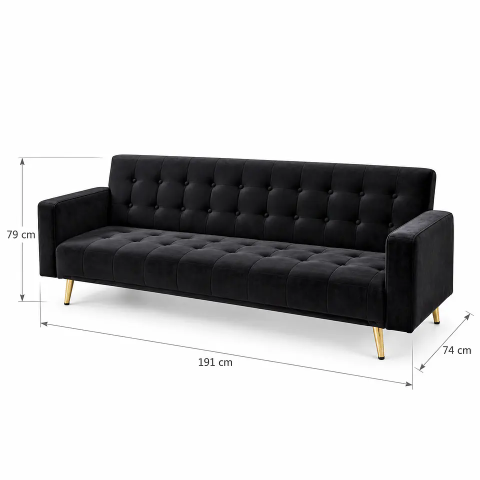 Sofá Cama Capitone Trento Velvet Negro Patas Gold - Living Departamento Sala de Estar 4