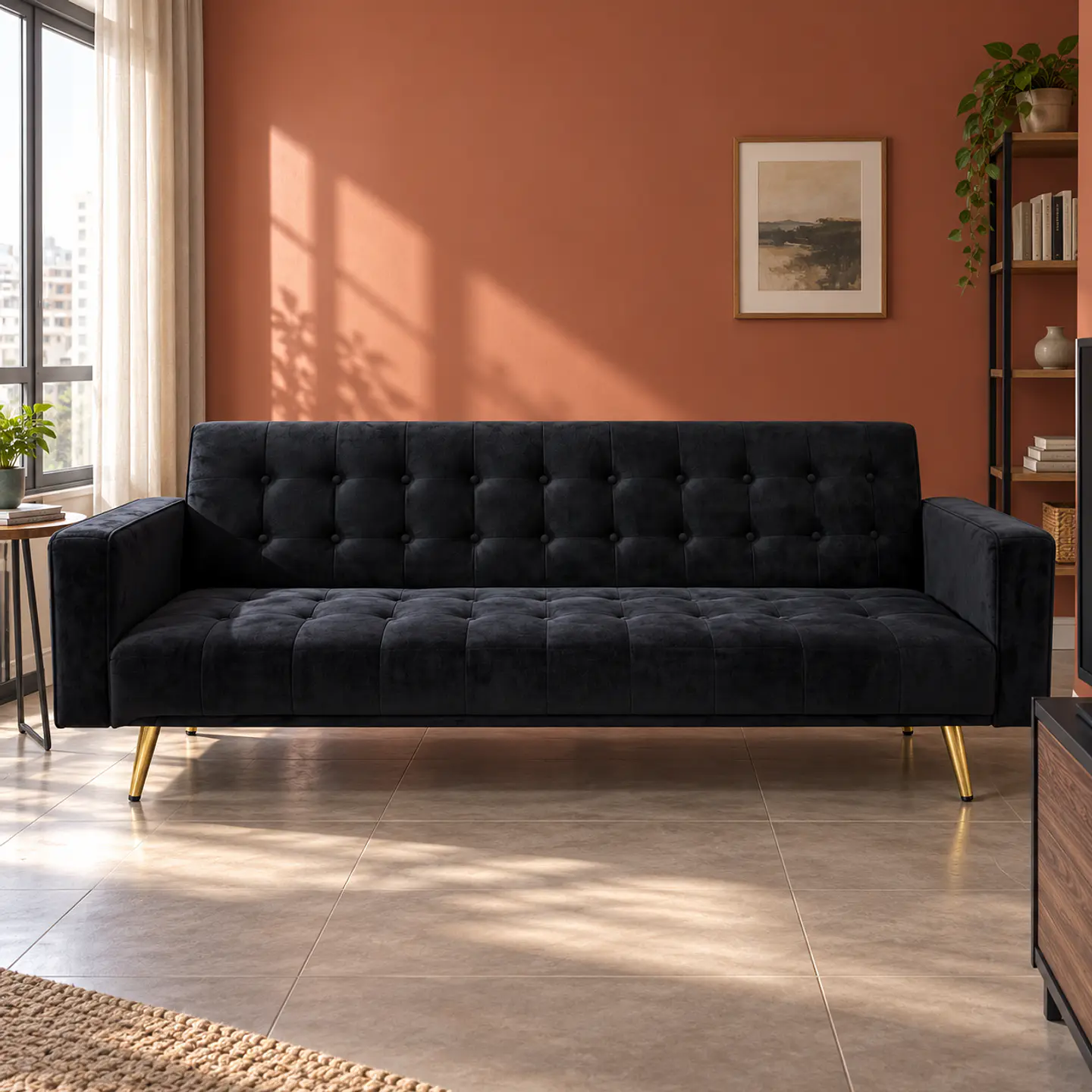 Sofá Cama Capitone Trento Velvet Negro Patas Gold - Living Departamento Sala de Estar 5