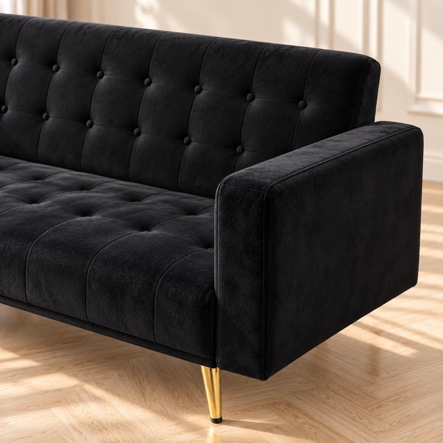 Sofá Cama Capitone Trento Velvet Negro Patas Gold - Living Departamento Sala de Estar 2