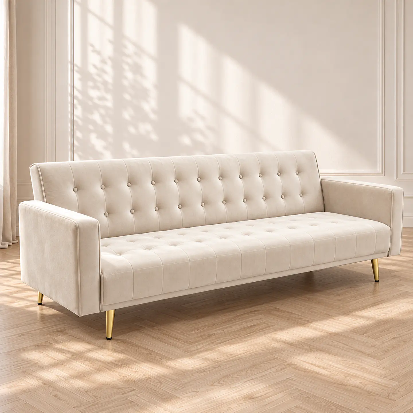 Sofá Cama Capitone Trento Velvet Beige Patas Gold - Living Departamento Sala de Estar 1