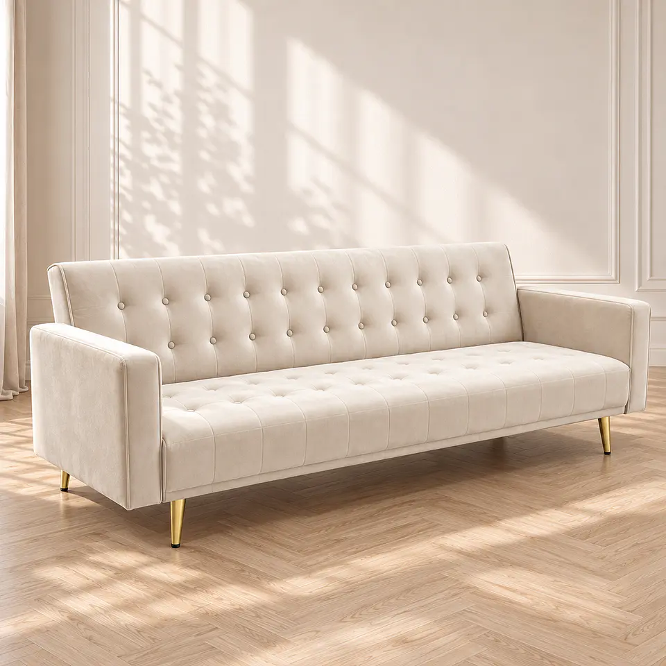 Sofá Cama Capitone Trento Velvet Beige Patas Gold - Living Departamento Sala de Estar 1
