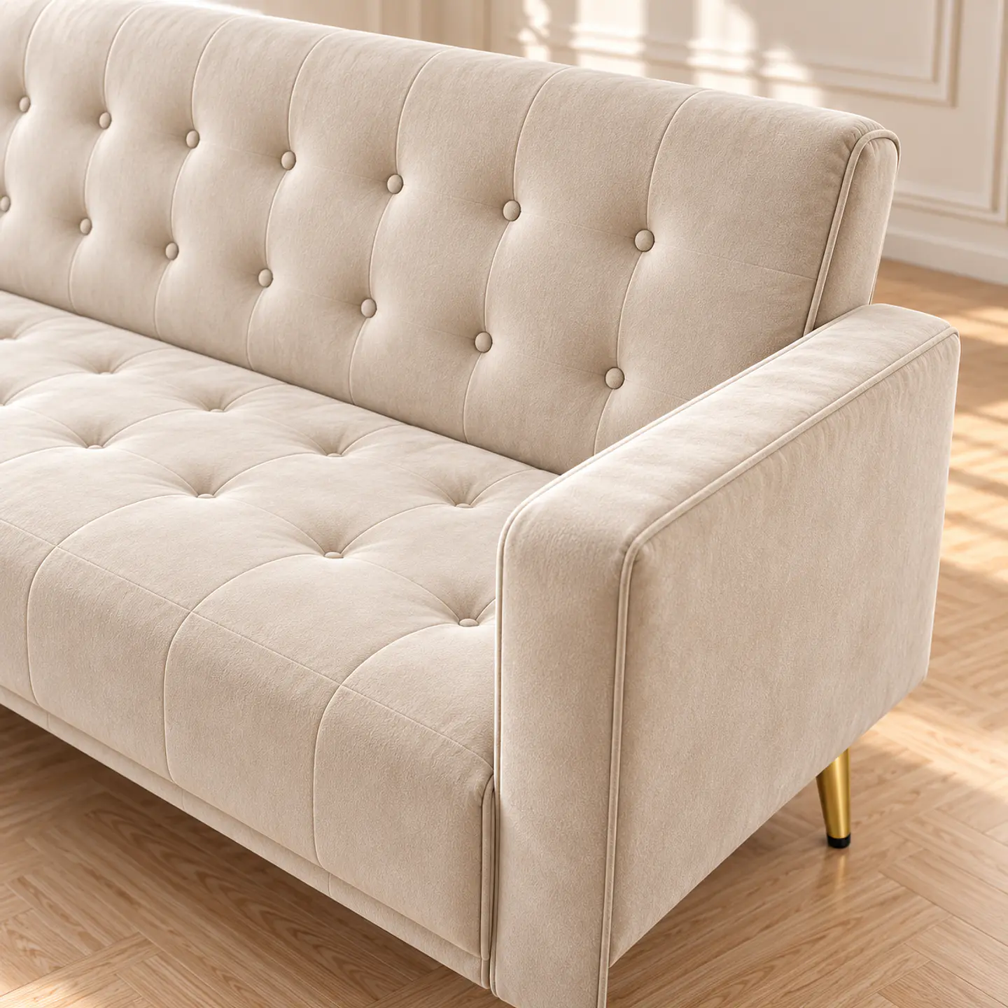 Sofá Cama Capitone Trento Velvet Beige Patas Gold - Living Departamento Sala de Estar 3