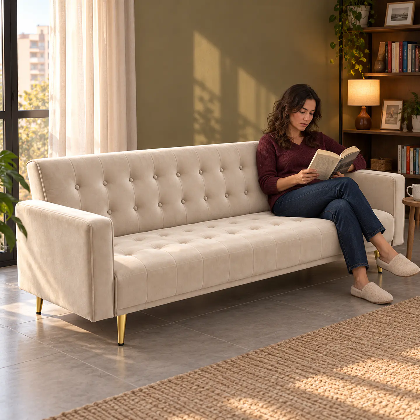 Sofá Cama Capitone Trento Velvet Beige Patas Gold - Living Departamento Sala de Estar 5