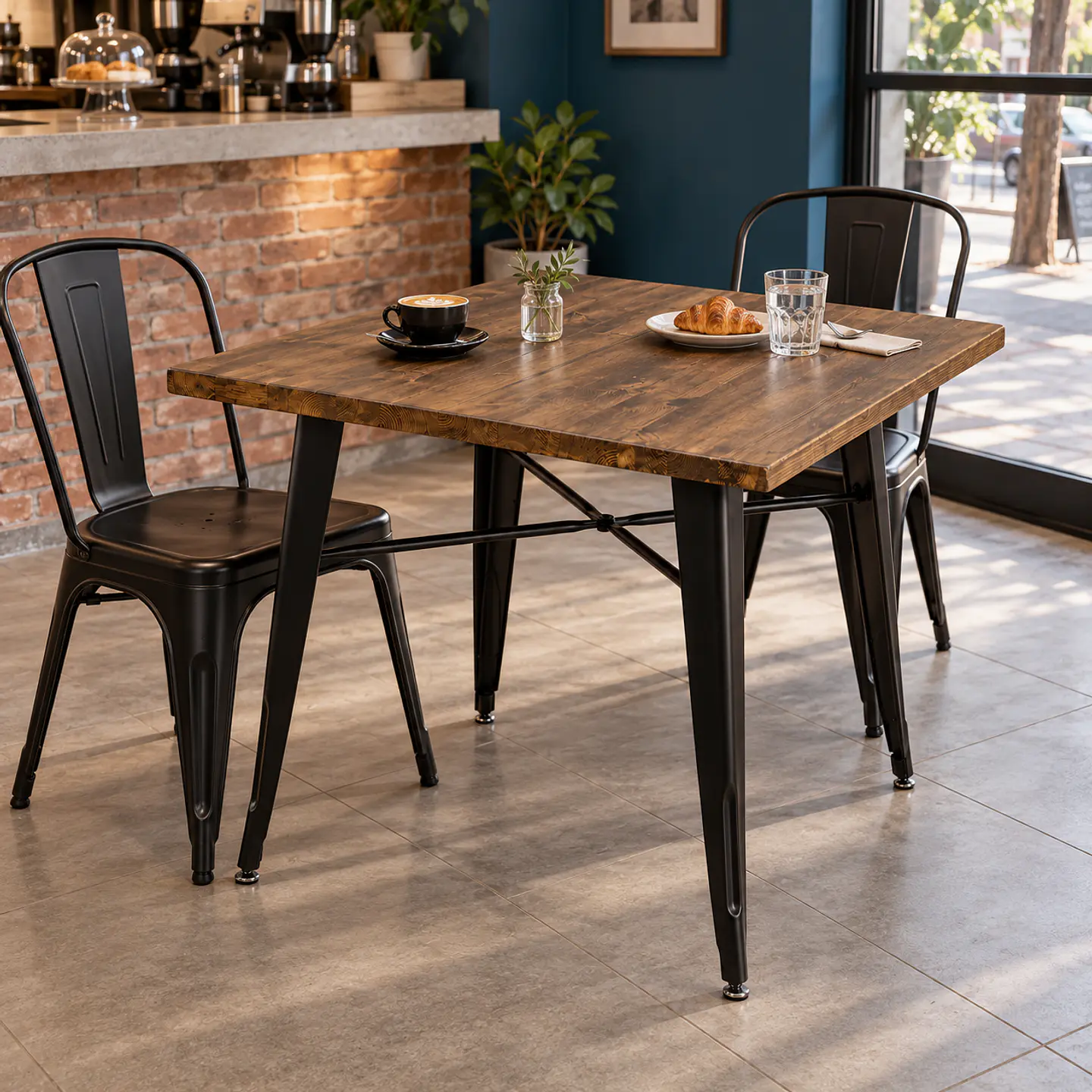 Mesa Tolix Cuadrada Nogal Black Madera Maciza - Comedor Terraza Cafetería 4