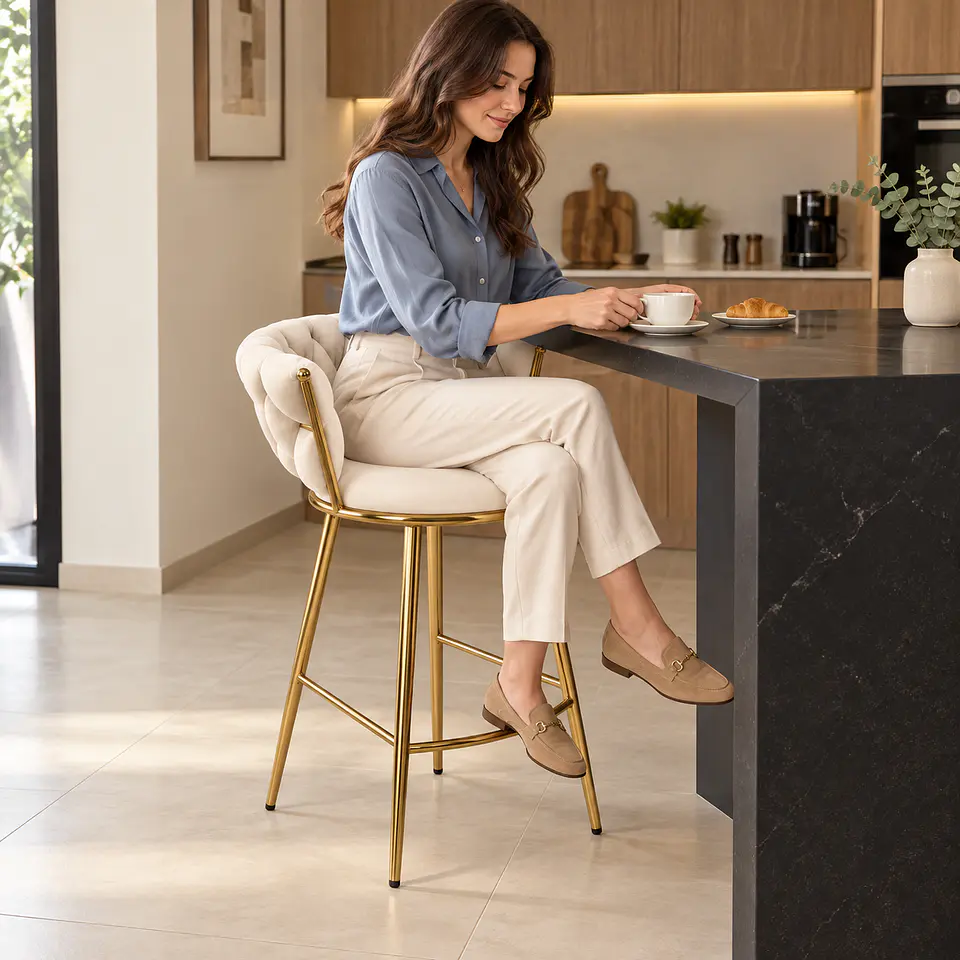 Taburete Queen beige Fijo Velvet Gold - Cocina Barra Cafetería 2
