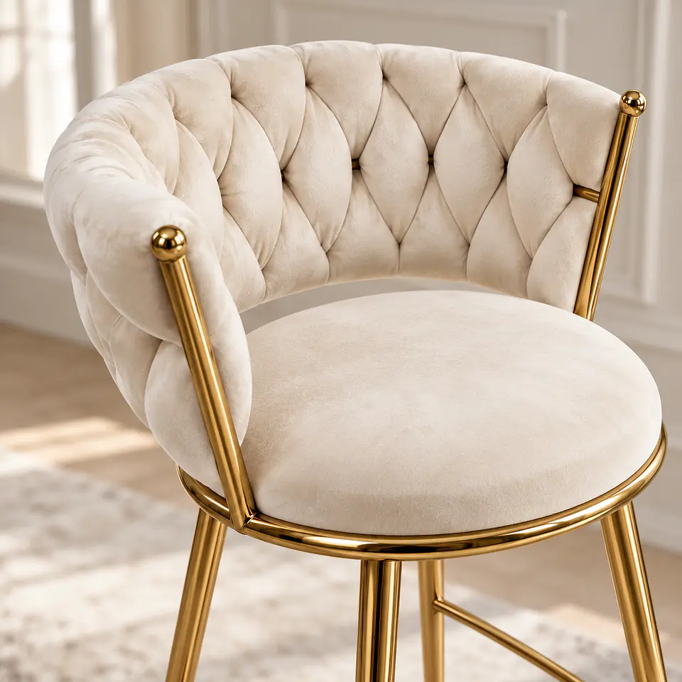 Taburete Queen beige Fijo Velvet Gold - Cocina Barra Cafetería 4