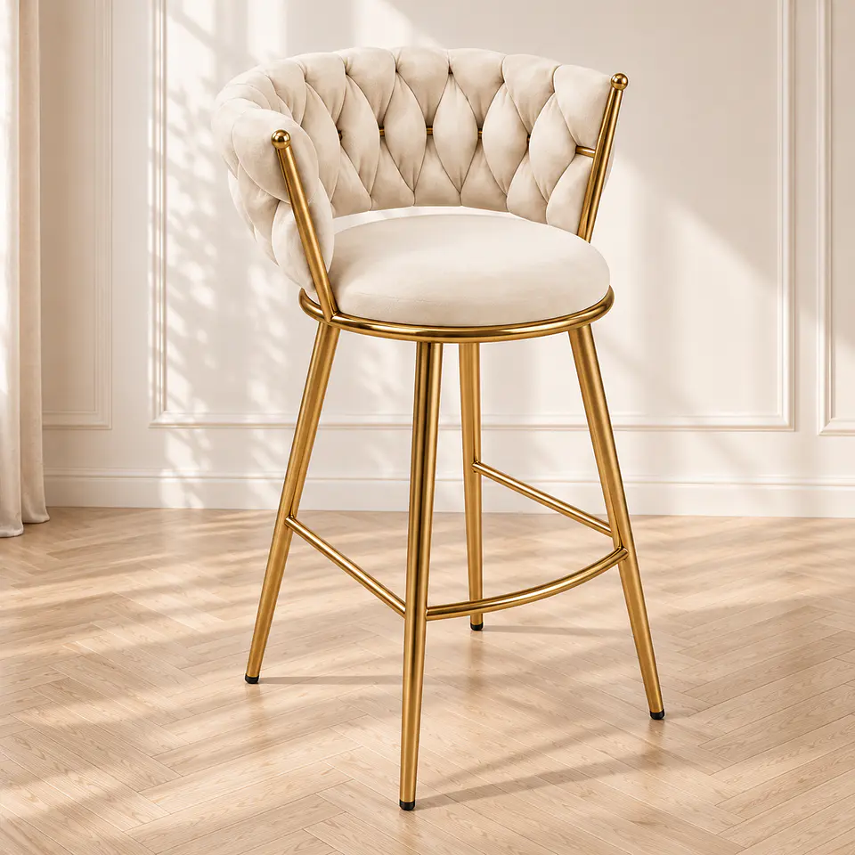 Taburete Queen beige Fijo Velvet Gold - Cocina Barra Cafetería 1