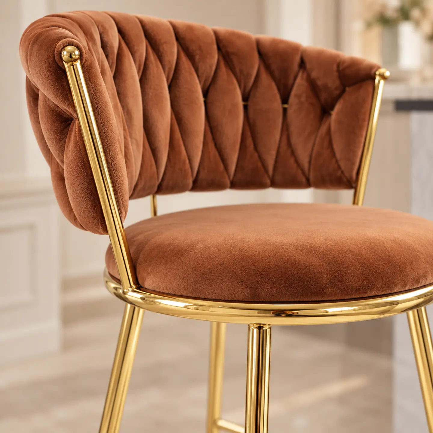 Taburete Queen Marron Fijo Velvet Gold - Cocina Barra Cafetería 2