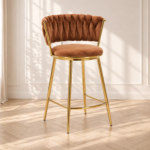 Taburete Queen Marron Fijo Velvet Gold - Cocina Barra Cafetería