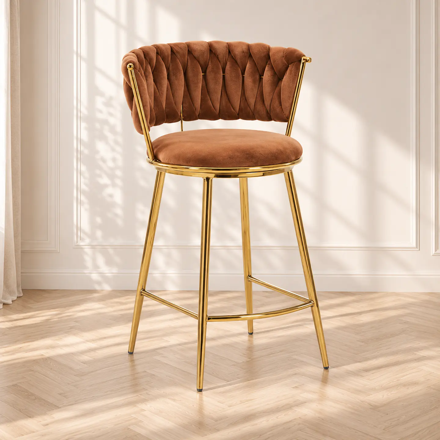 Taburete Queen Marron Fijo Velvet Gold - Cocina Barra Cafetería 1