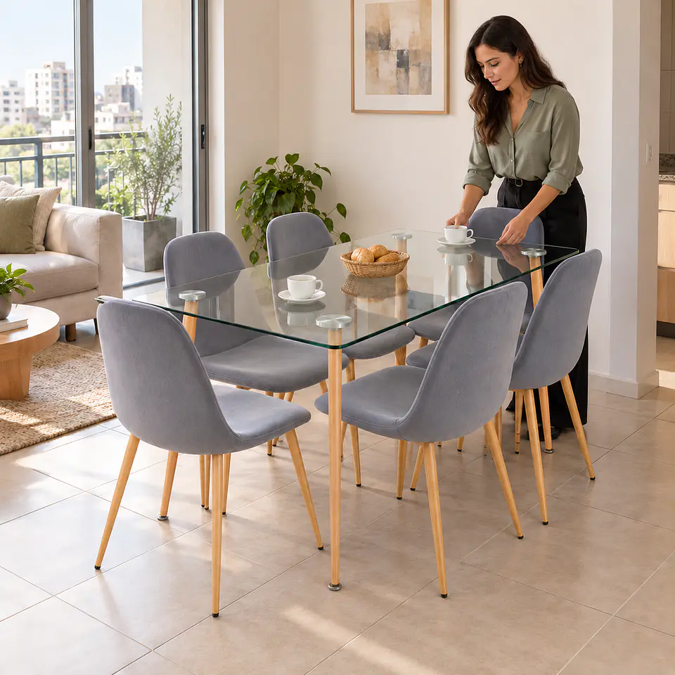 Mesa París Vidrio Templado 120cm + 6 Sillas Spoon Velvet Wood - Comedor Living Departamento 1