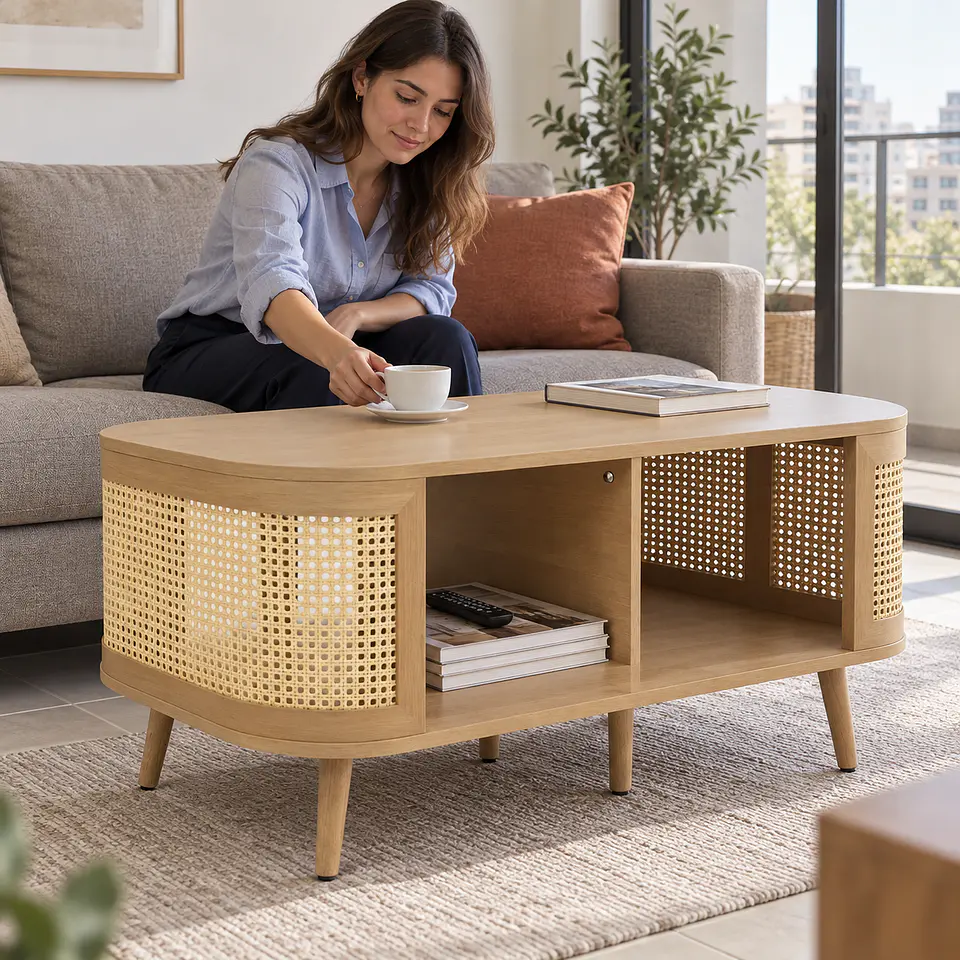 Mesa de Centro Siena MDF Ratán Madera Natural - Living Sala de Estar Departamento 2