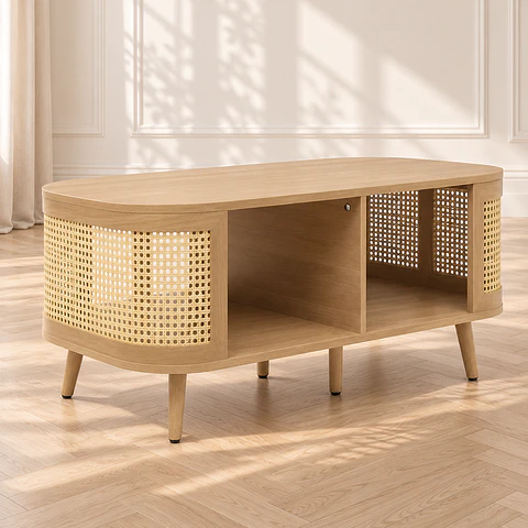 Mesa de Centro Siena MDF Ratán Madera Natural - Living Sala de Estar Departamento