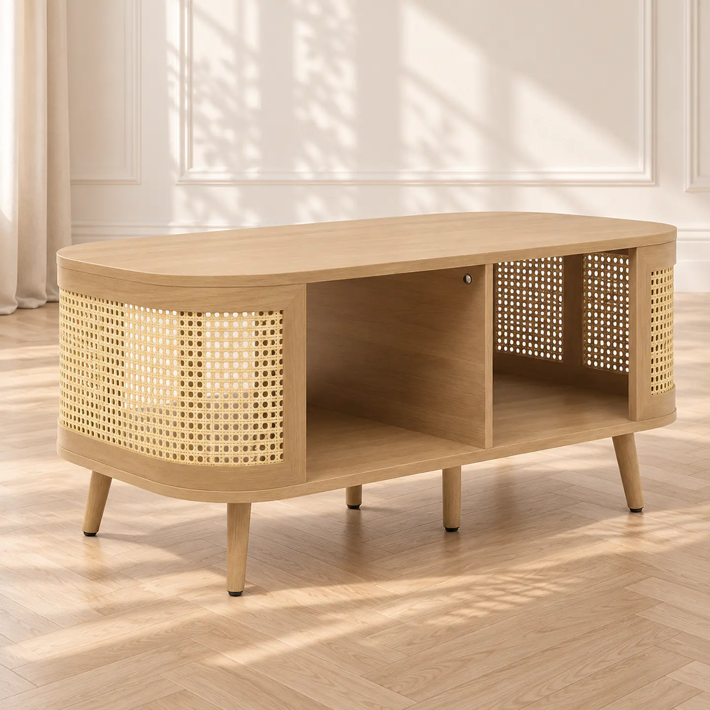 Mesa de Centro Siena MDF Ratán Madera Natural - Living Sala de Estar Departamento 1