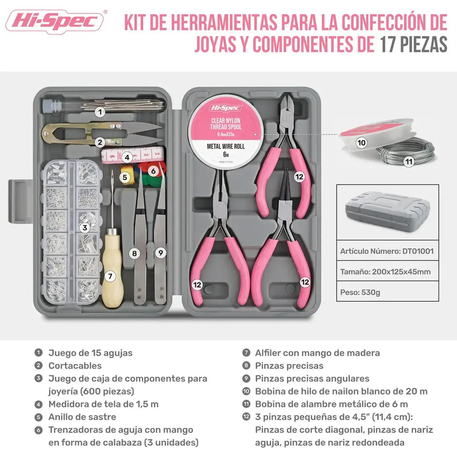 Kit de Herramientas para Fabricación de Joyería Hi-Spec 17 Piezas + 600 Accesorios para Bisutería 17