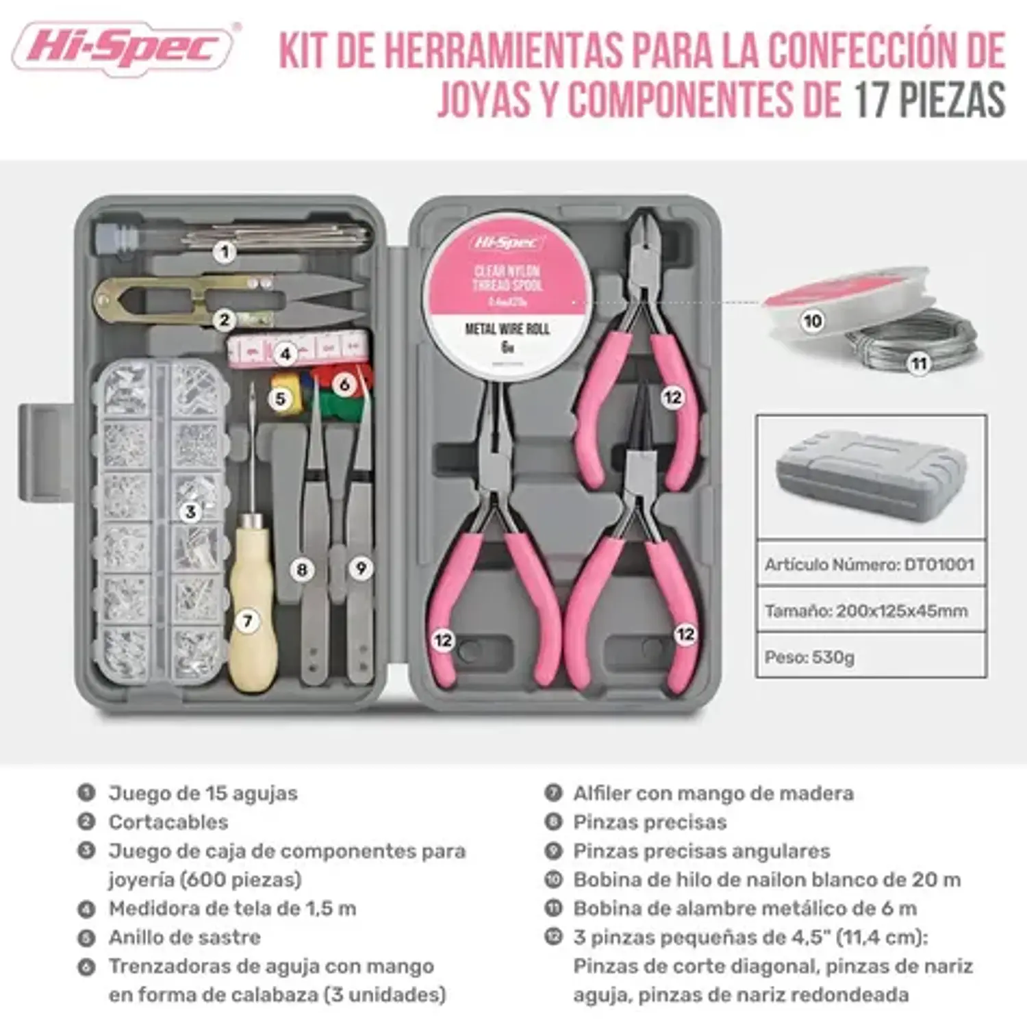 Kit de Herramientas para Fabricación de Joyería Hi-Spec 17 Piezas + 600 Accesorios para Bisutería 18